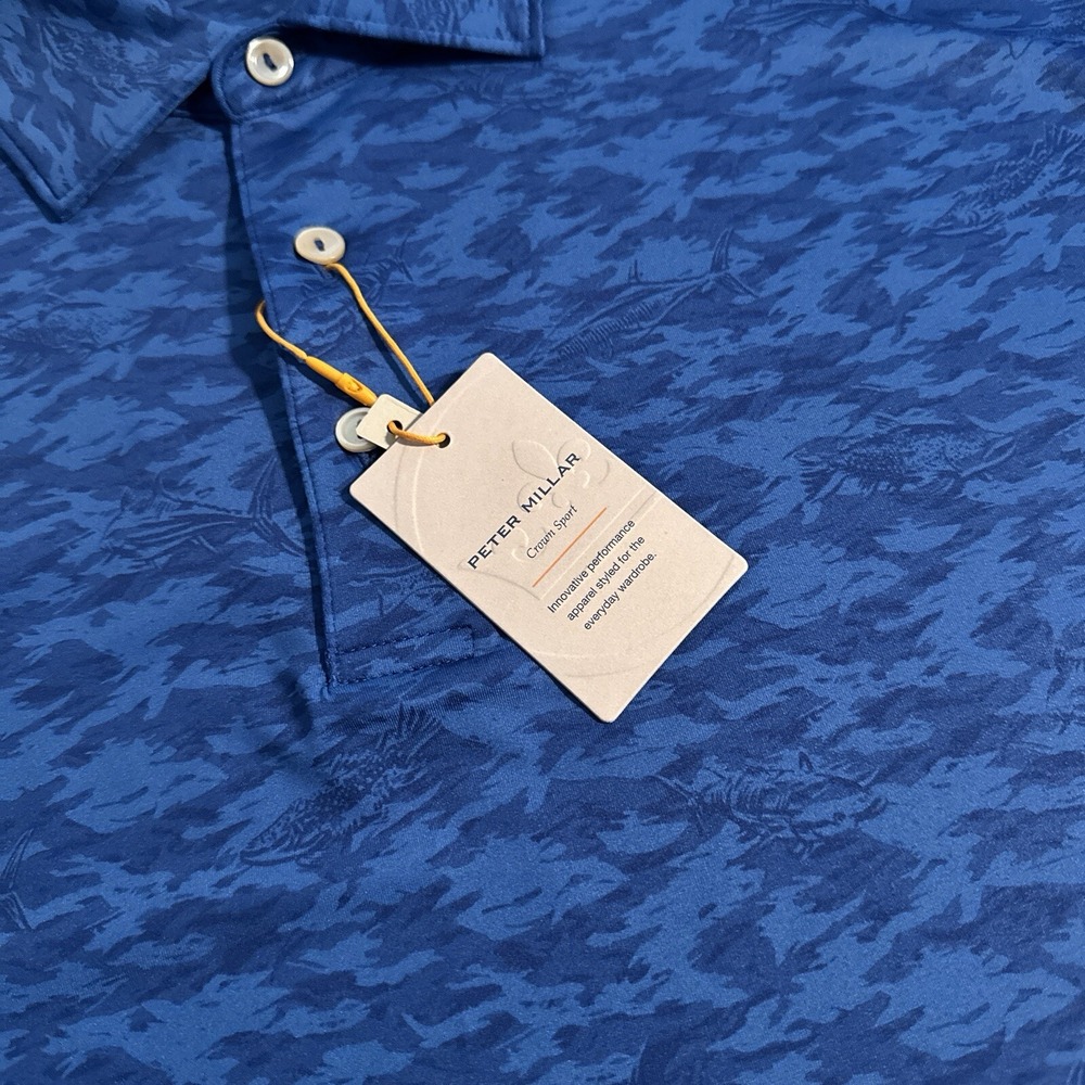 NEW Peter Millar Summer Comfort Men's Medium Blue Fish Camo Golf Polo Shirt M